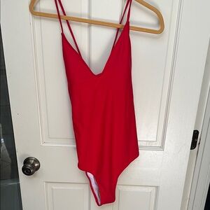 Classic Red One Piece Swimsuit with V-Neckline